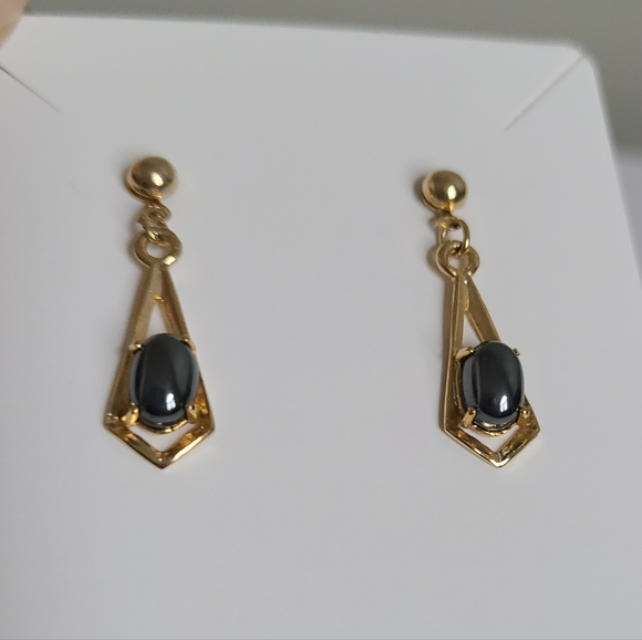 Vintage Gold Plated Ball Hematite Cabochon Drop Dangle Evening Boho Earrings - Picture 6 of 8